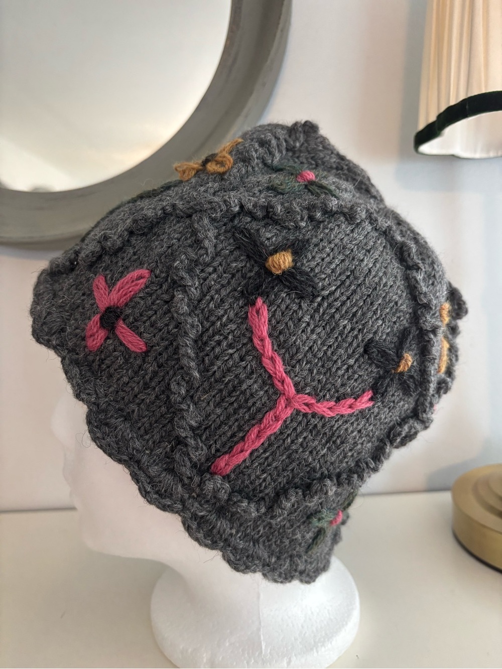 Hand-Knitted Gray Floral Accent Beanie